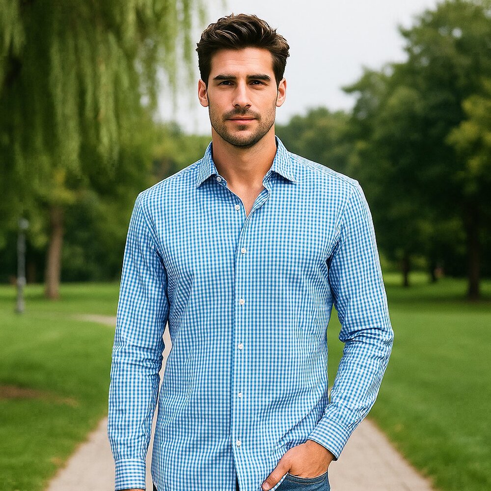 DUCHAMP London‎ Gingham Check Men 17/XL Blue/Purple Long Sleeve Button Y2K Shirt
